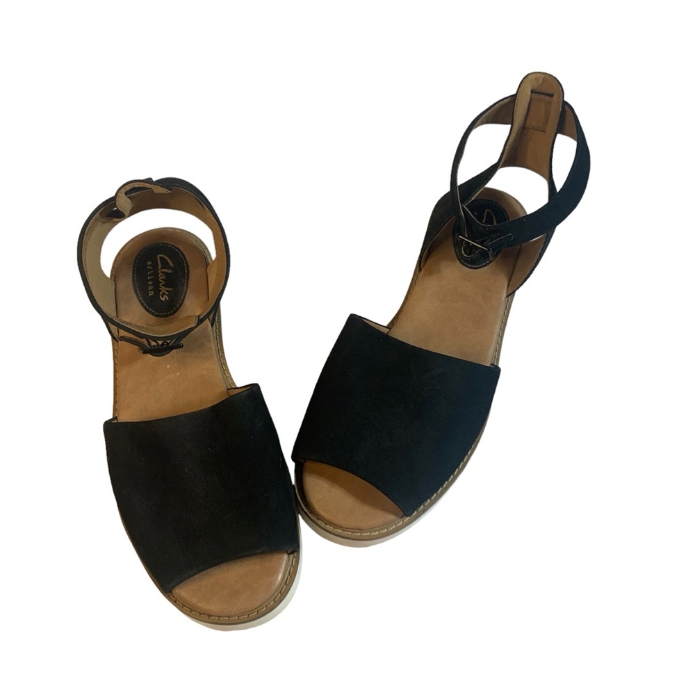 Clarks Artisan Black Suede Leather Upper Ankle Strap Sandals Women’s Size 8